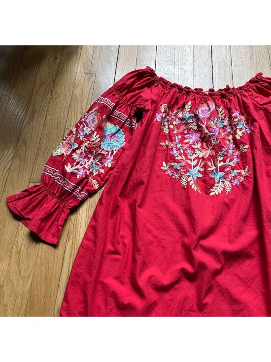 Free People Size S Red Fleur Du Jour Floral Embroidered Boho Off Shoulder Dress - Picture 6 of 16